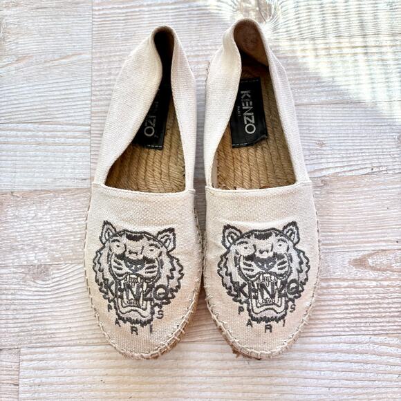 KENZO Paris Tiger Embroidered Canvas Espadrille Flats | Beige Size 37 - Picture 1 of 7